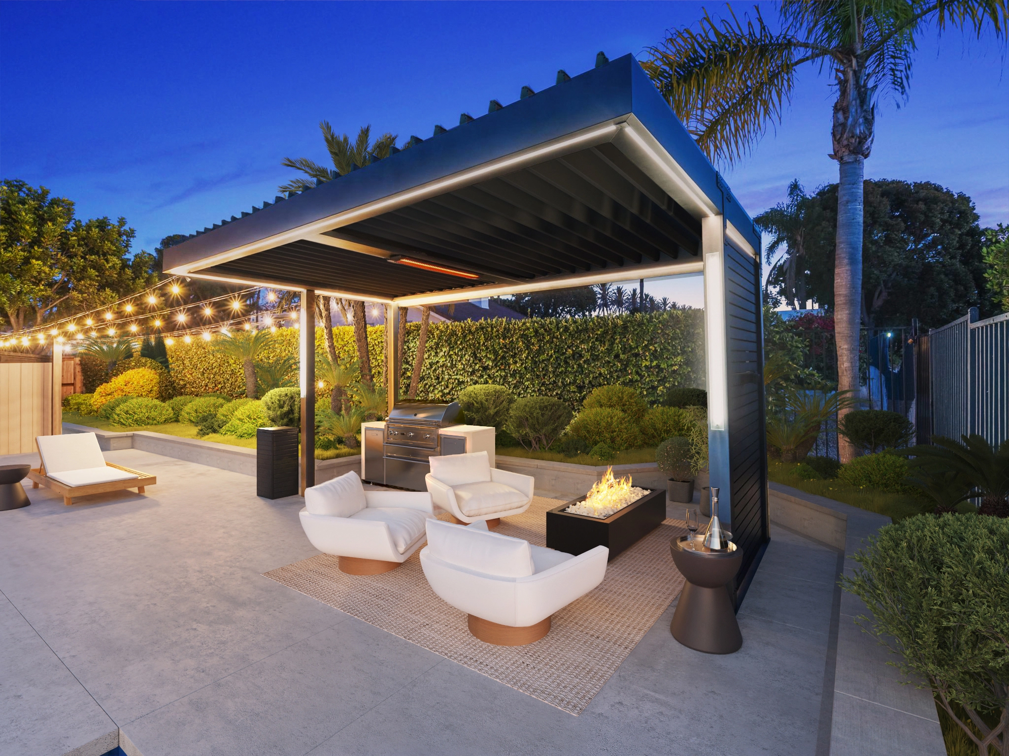 Louvered pergola with LED lighting at night in Portland Oregon