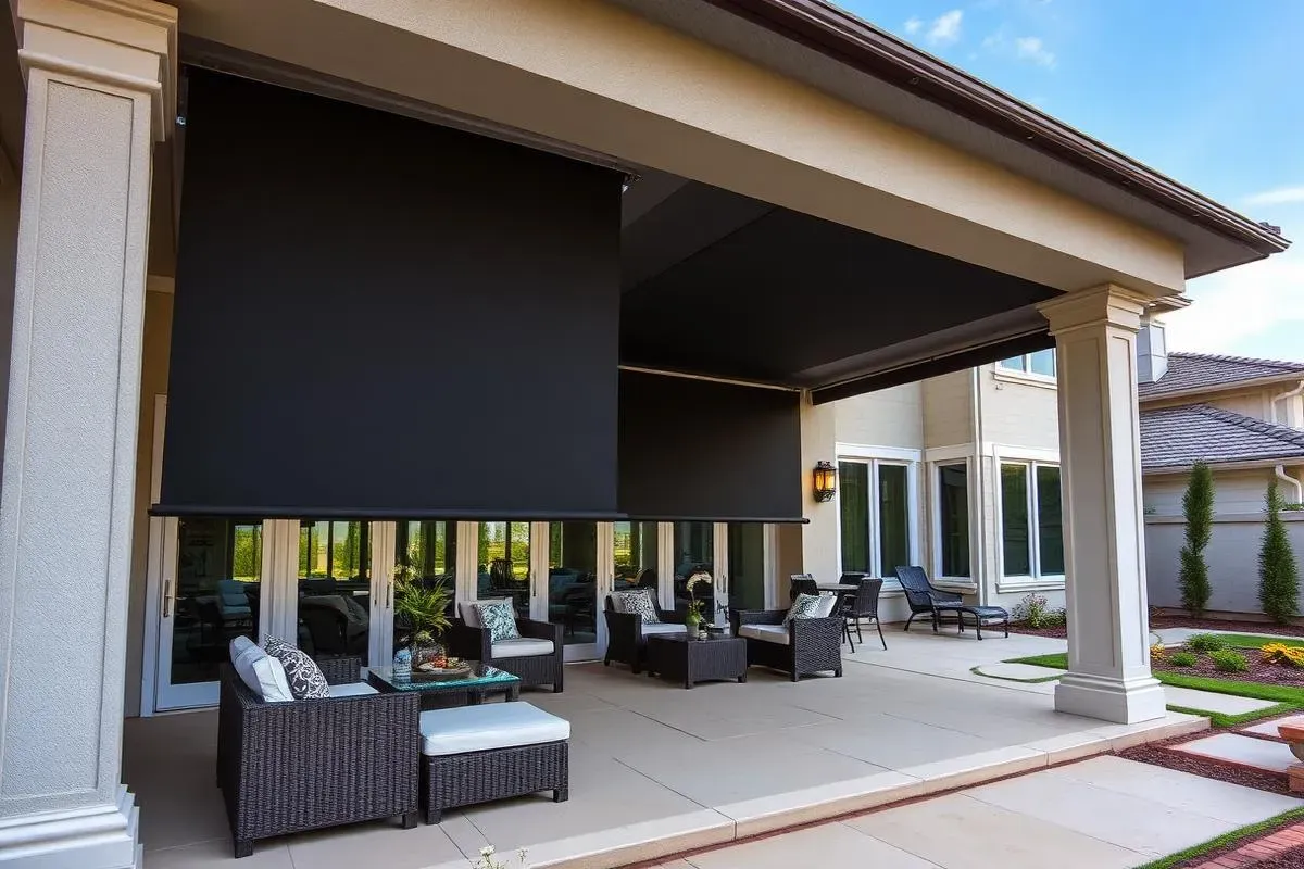 Fenetex motorized screen installation on Oregon patio with pergola