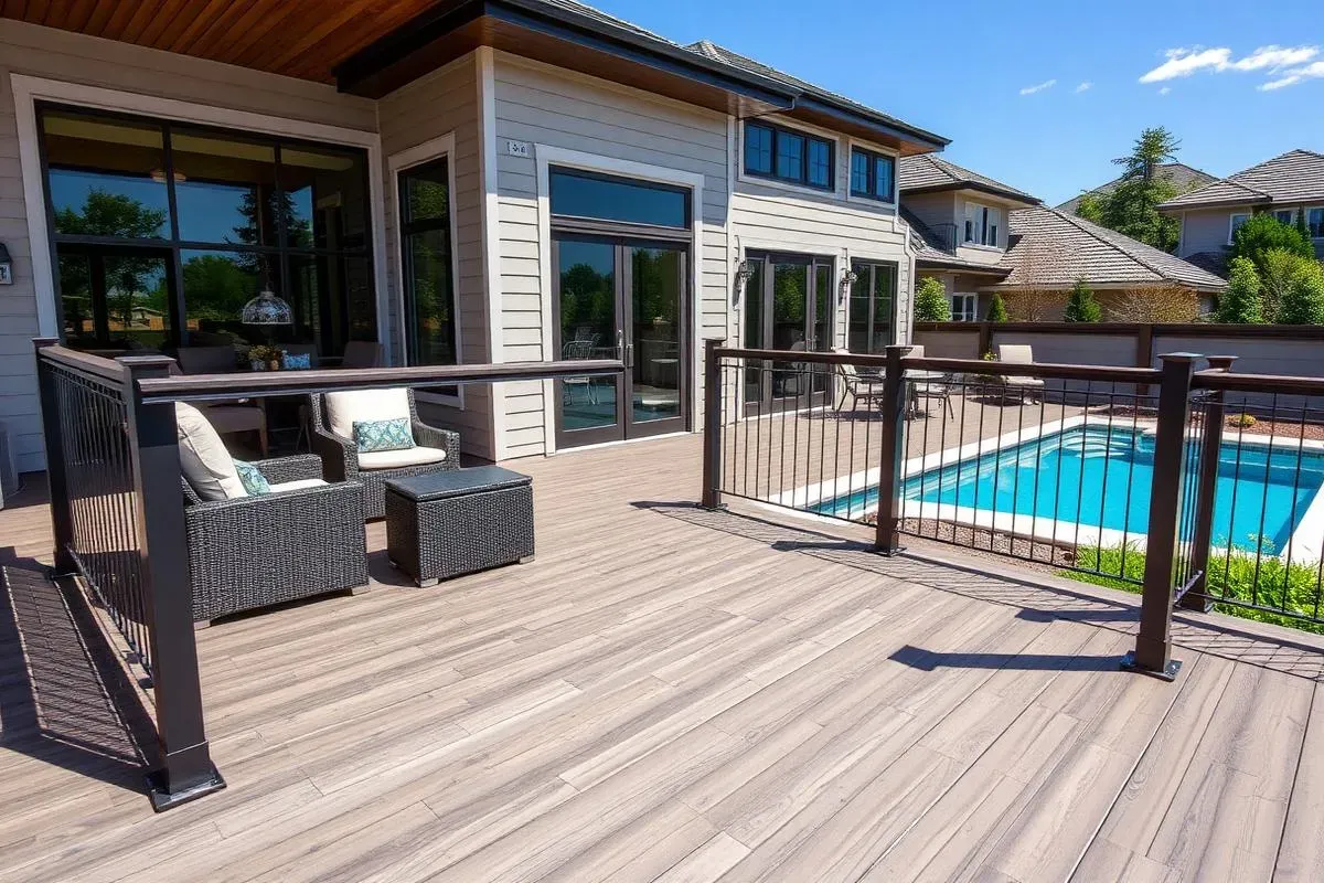 Custom deck with pergola and pool area in Oregon by Pergolas Northwest